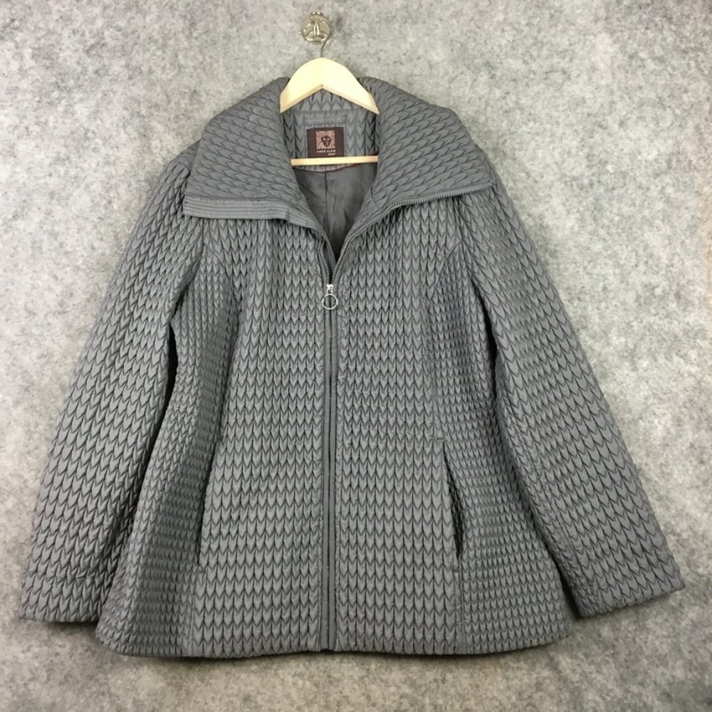 Anne Klein Coat Womens XL Quilted Textured Filled Insulated Gray Pockets Zip Up